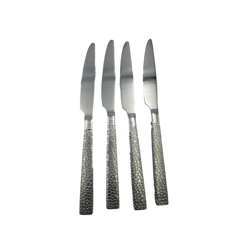 Hammered Hexagon Stainless Steel 4 Dinner Knives 9.25" Modern Flatware Set